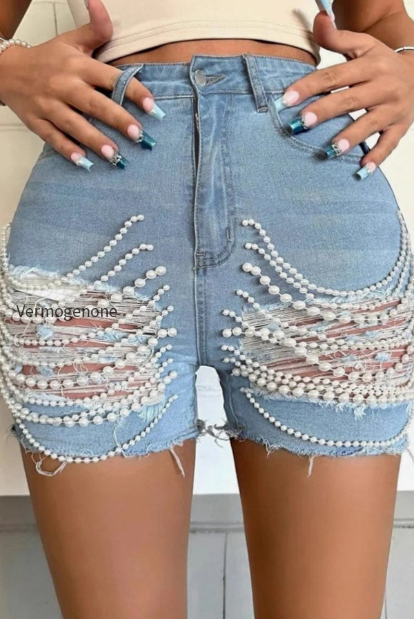 Embellished Distressed High Waist Shorts