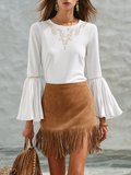 Resort-style Round Neck Flared Long-sleeved Embroidered Top And Fringed Skirt Set