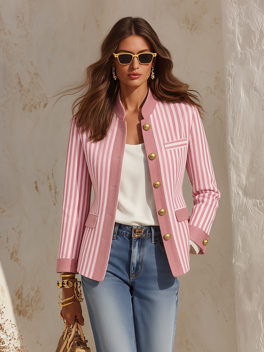Resort-style Stand-up Collar Striped Long-sleeved Jacket