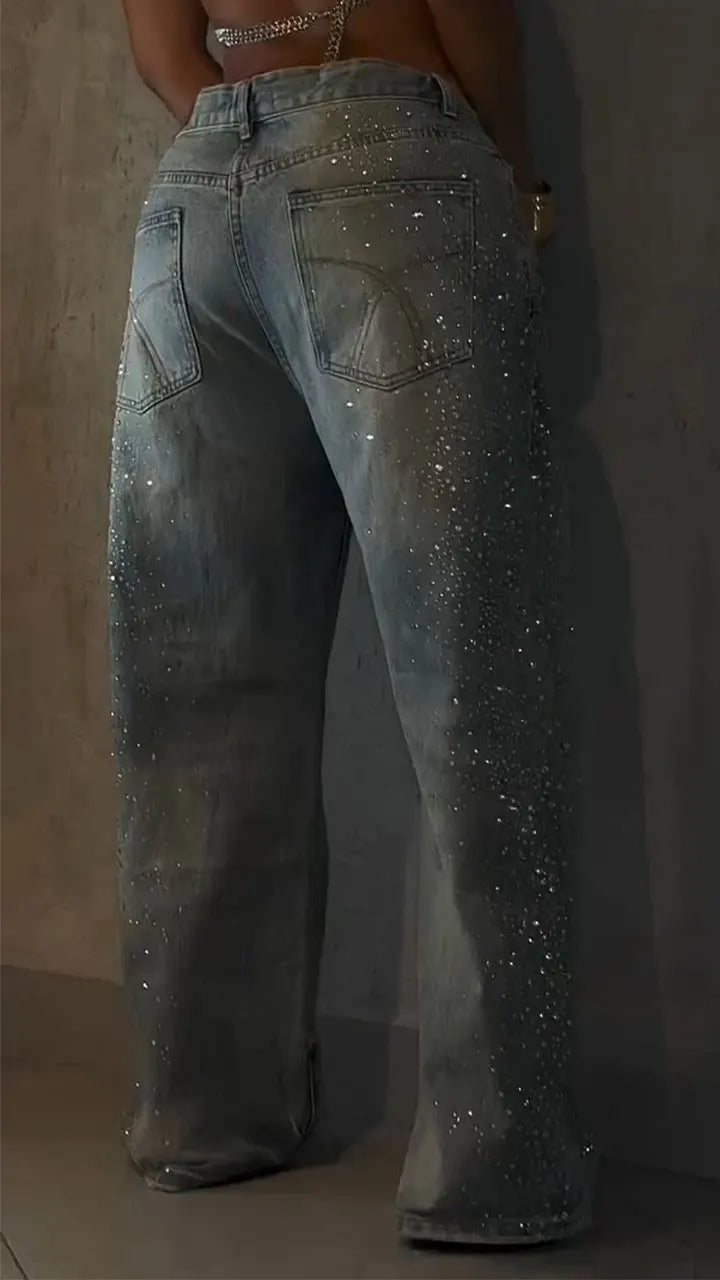 Women Fireworks Hot Stamping Rhinestone Water Washing Casual Jeans