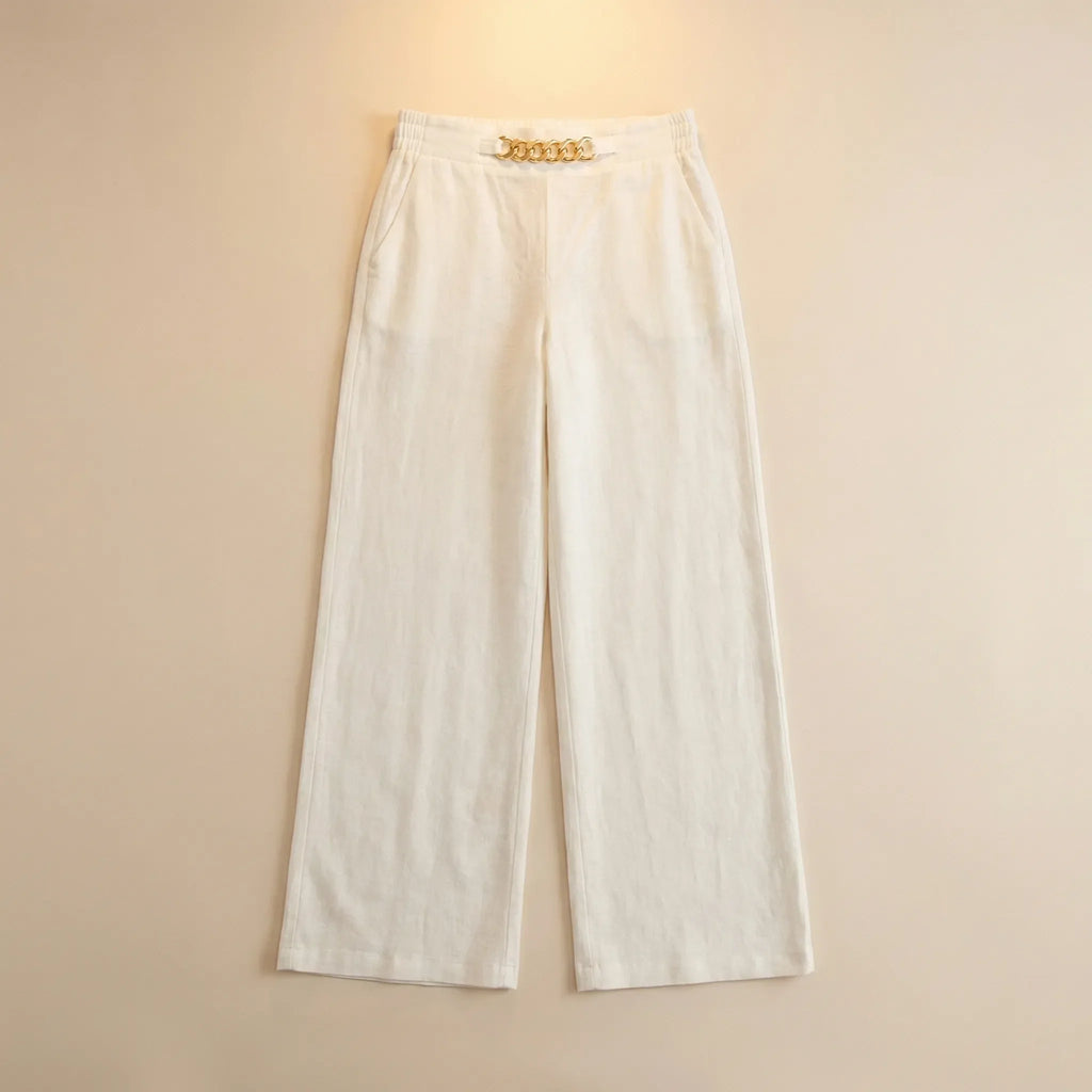 Elegant Linen Wide Leg Trousers, High Waist with Statement Chain Detail