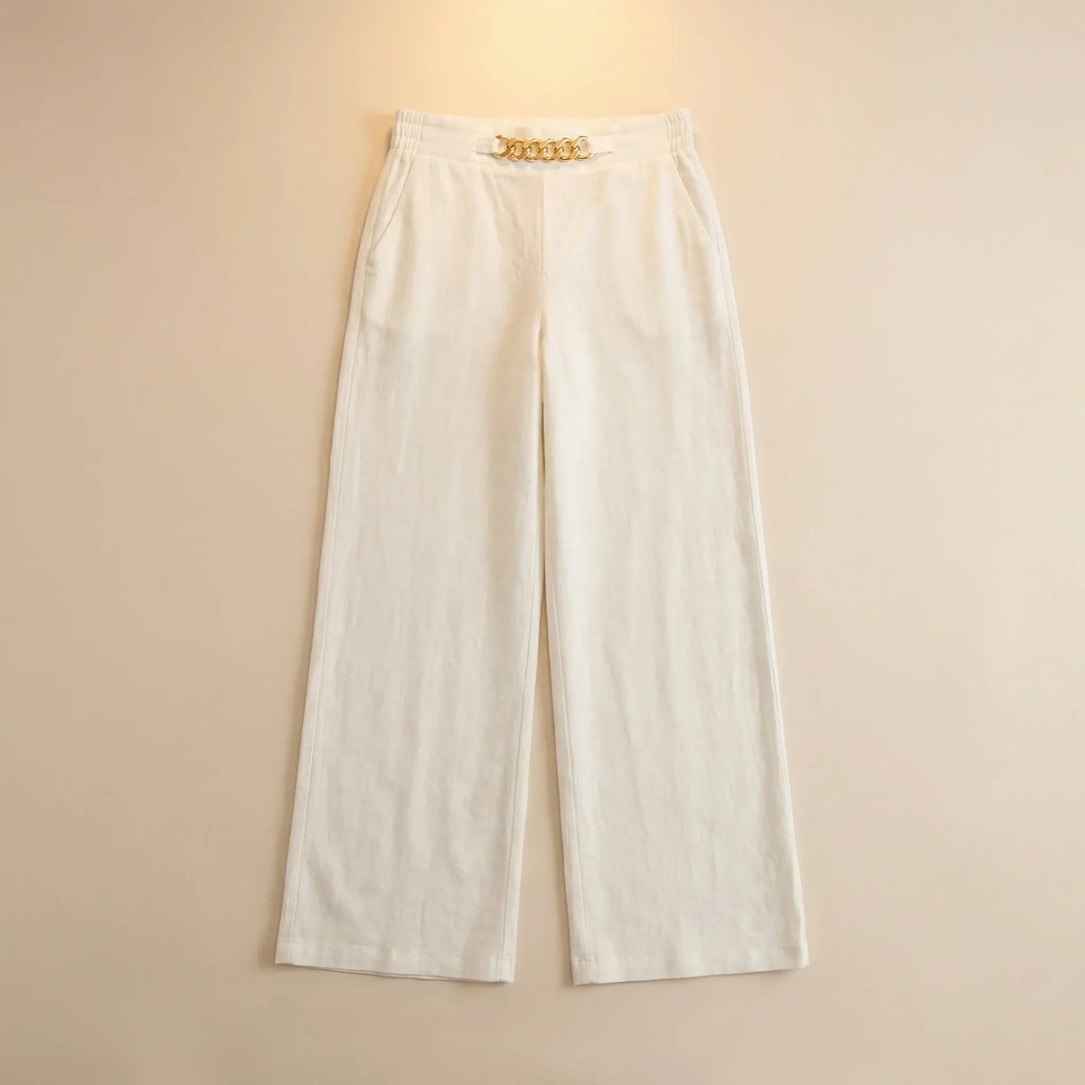 Elegant Linen Wide Leg Trousers, High Waist with Statement Chain Detail