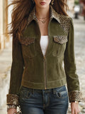 Resort-style Collared Long-sleeved Leopard Print Patchwork Jacket