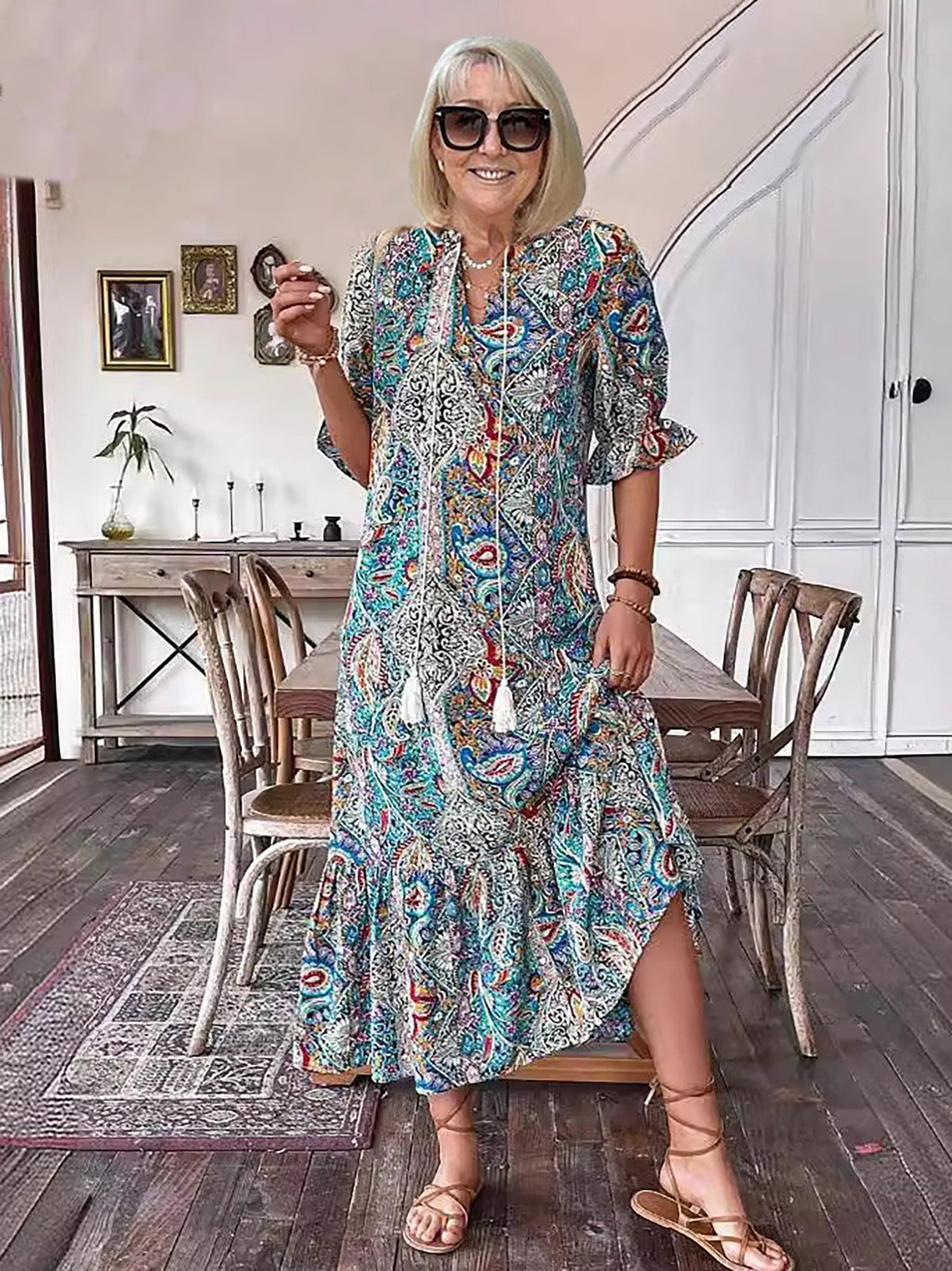 Vacation DRESS Paisley Bohemian Long Length Vintage Print Tassel Tie Neck Tunic Dress - Elegant Vacation Style with Drawstring, Ruffle Hem, and Random Printing