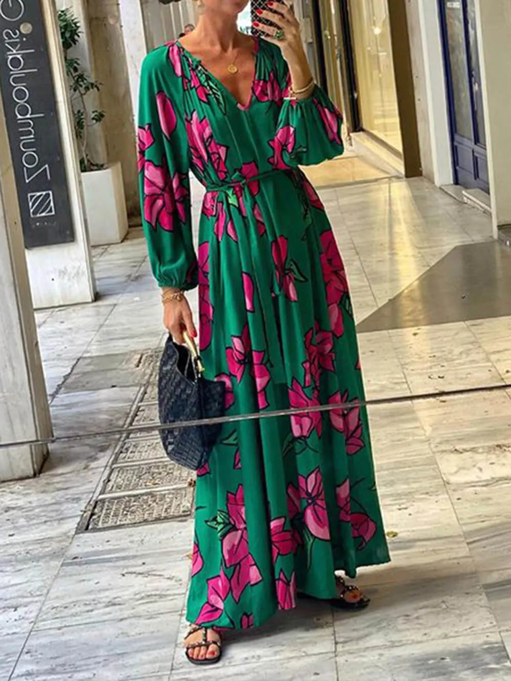 Fashion Printed V-Neck Holiday Beach Dresses