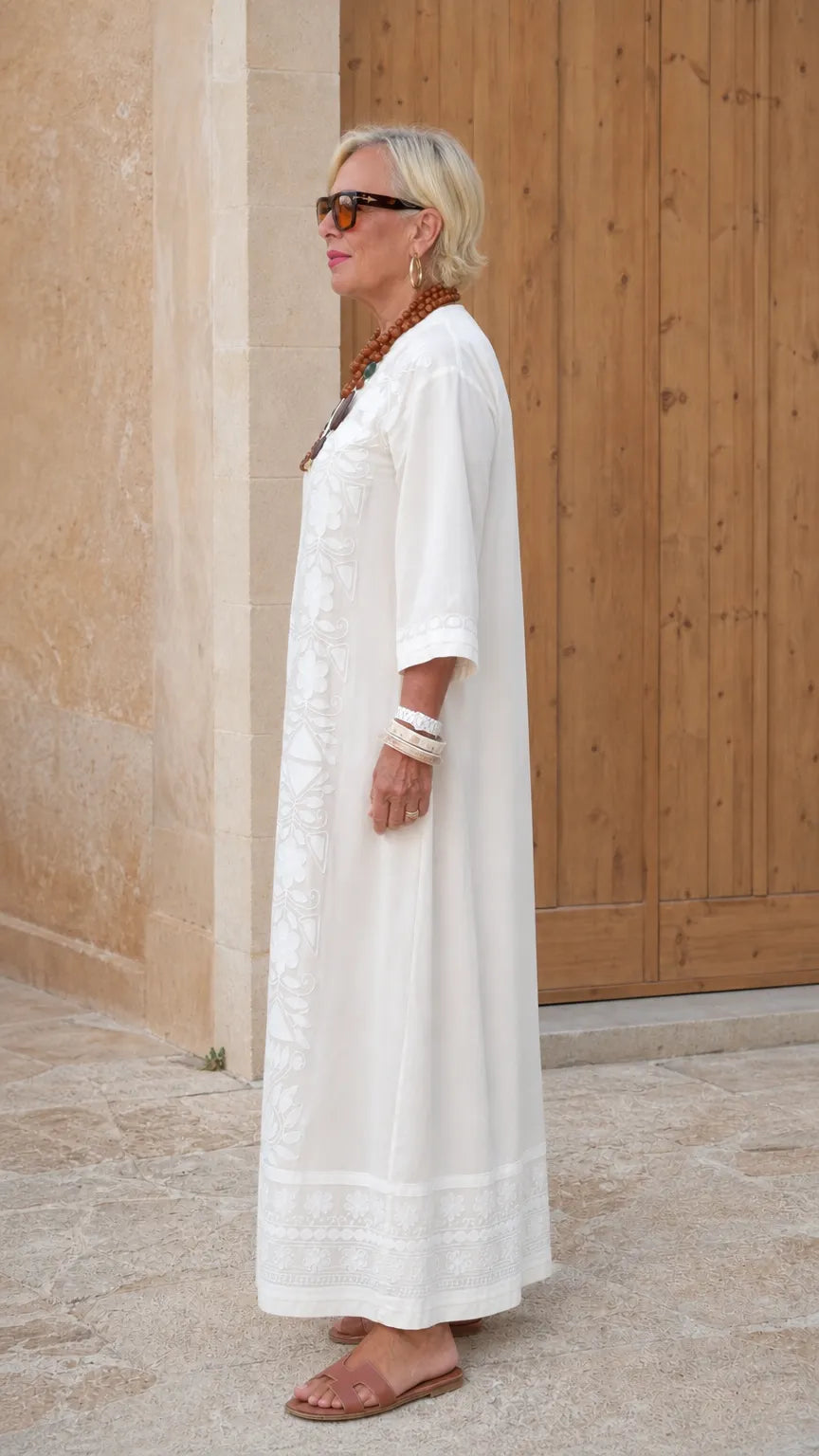 Embroidered V-Neck Kaftan Maxi Dress with 3/4 Sleeves