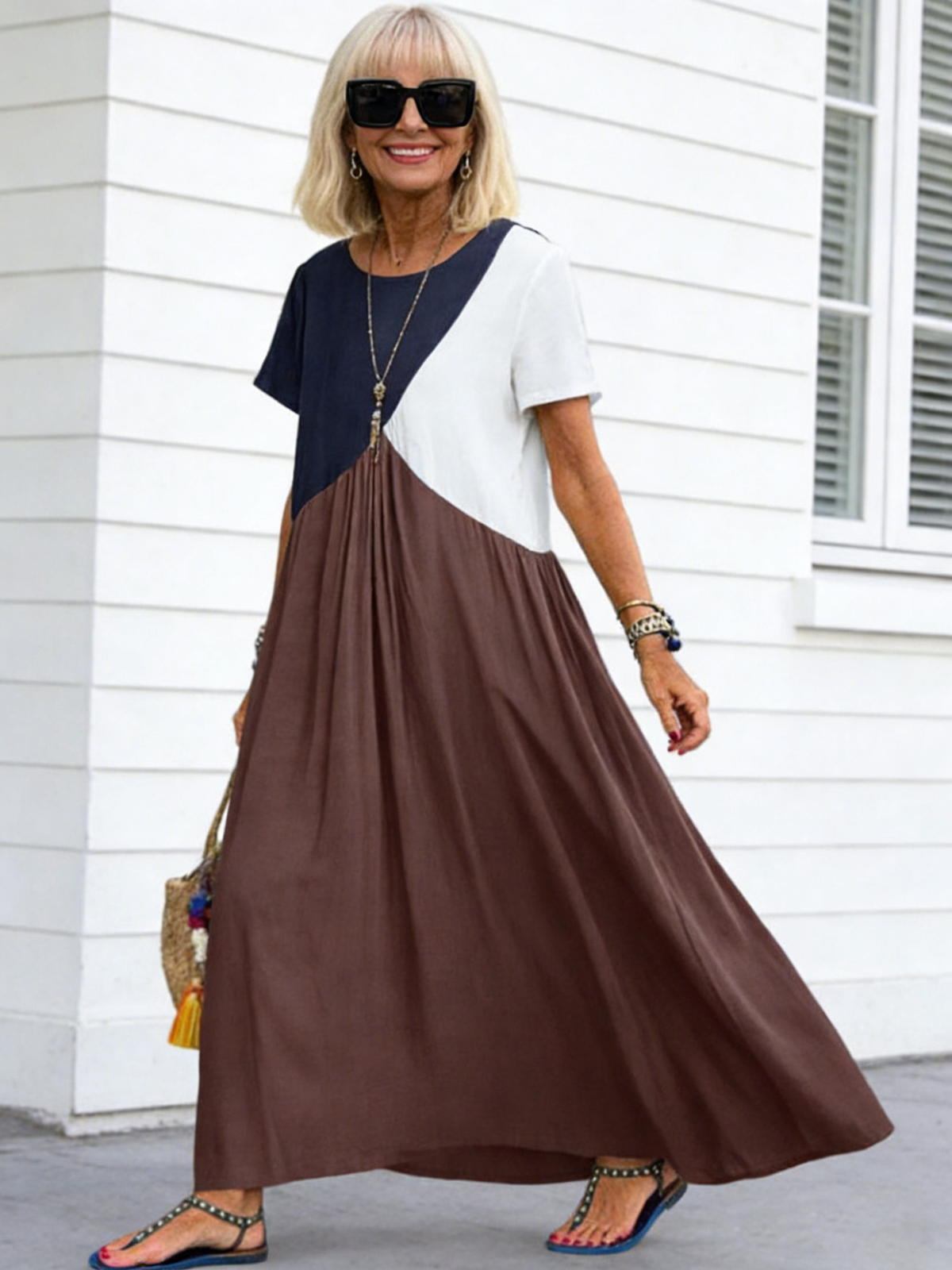 Splicing Short Sleeve Dress Long Dress