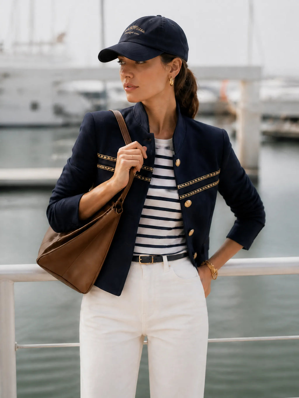 Old Money Gold Ribbon Trim Stand Collar Navy Jacket