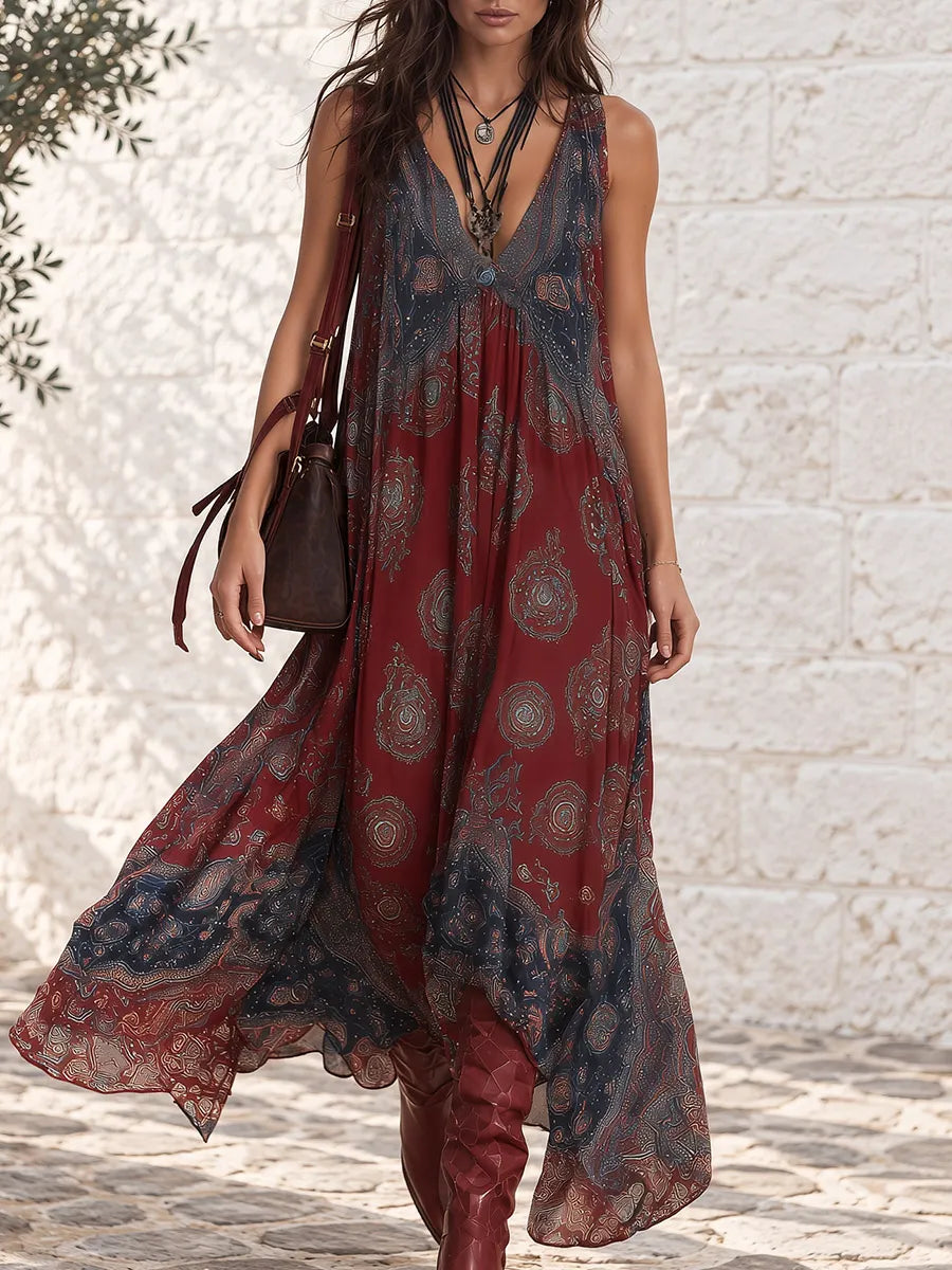 Retro Ethnic Bohemian Print Chiffon Sleeveless Maxi Dress