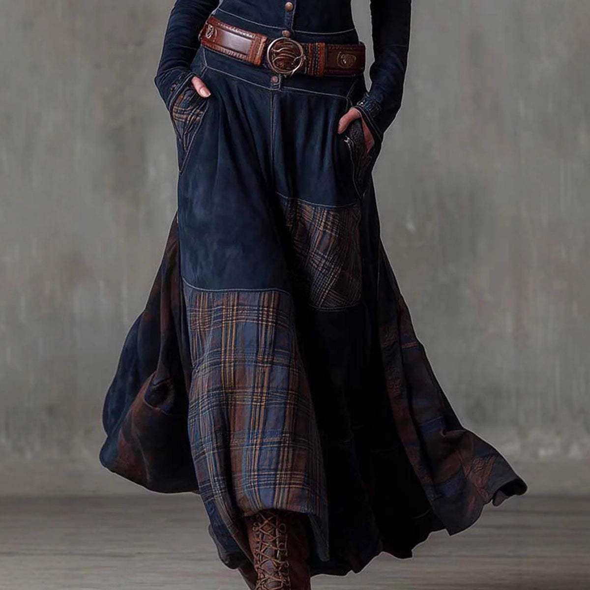 Suede Plaid Patchwork Vintage-Style Dress With Pockets, Button-Up Front, And Belted Waist