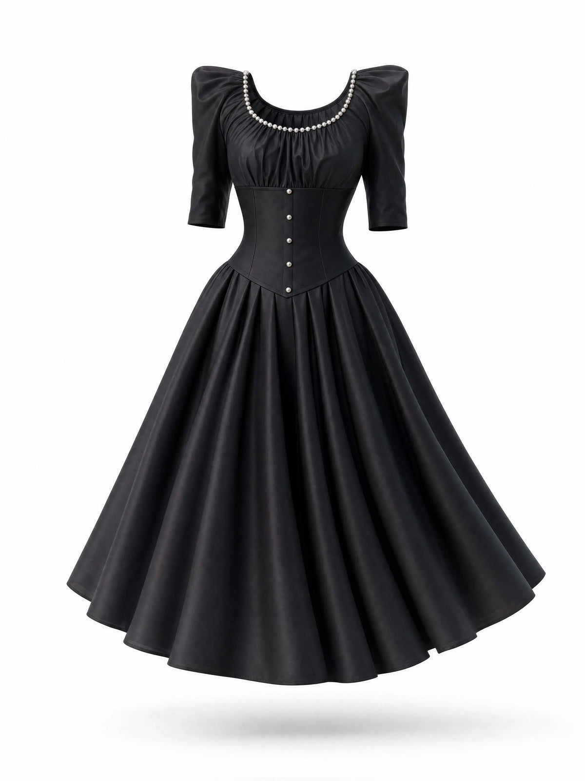 Vintage Pearl Neck Satin Midi Swing Dress
