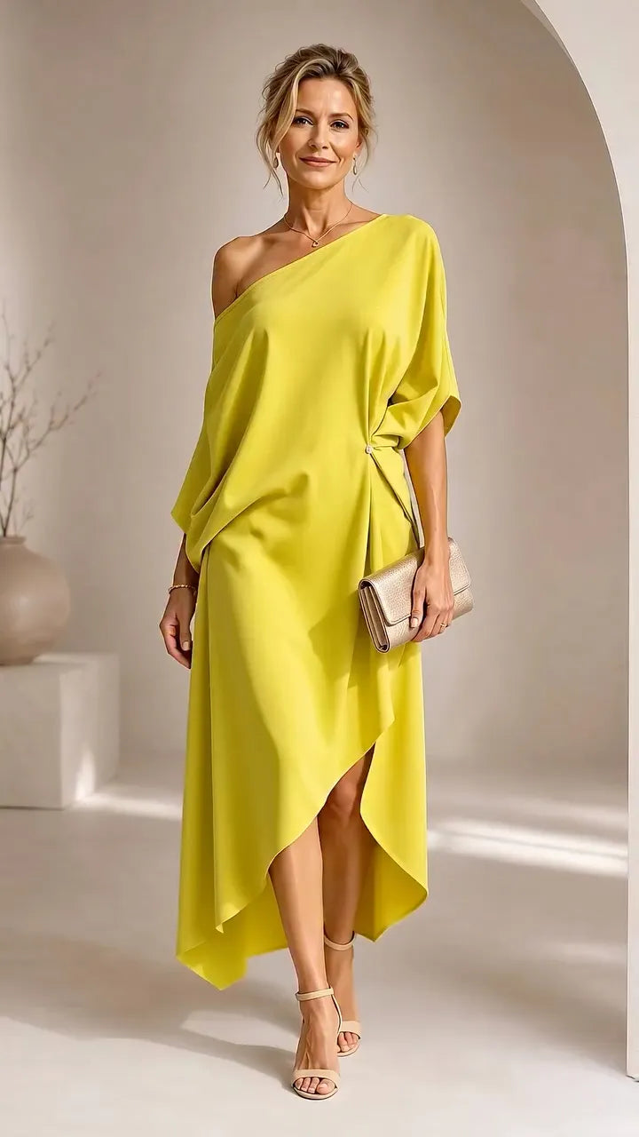 Yellow One‐Shoulder Asymmetrical Midi Dress