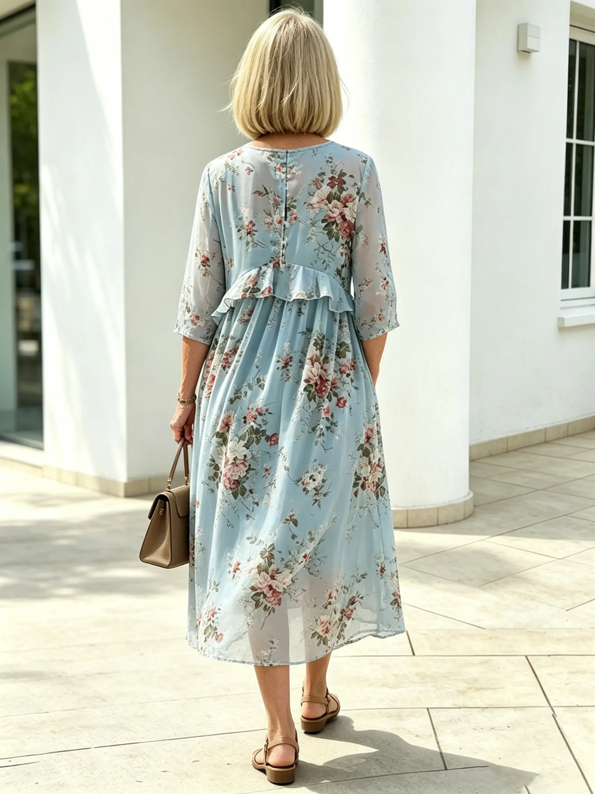 Blush Pink Floral Chiffon Maxi Dress, Round Neck Short Sleeve Loose Tummy Concealing Age-Reducing Dress for Mature Women
