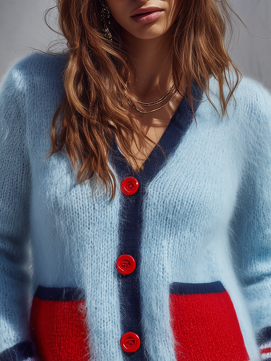 Retro Color-blocked Mohair Knit Cardigan