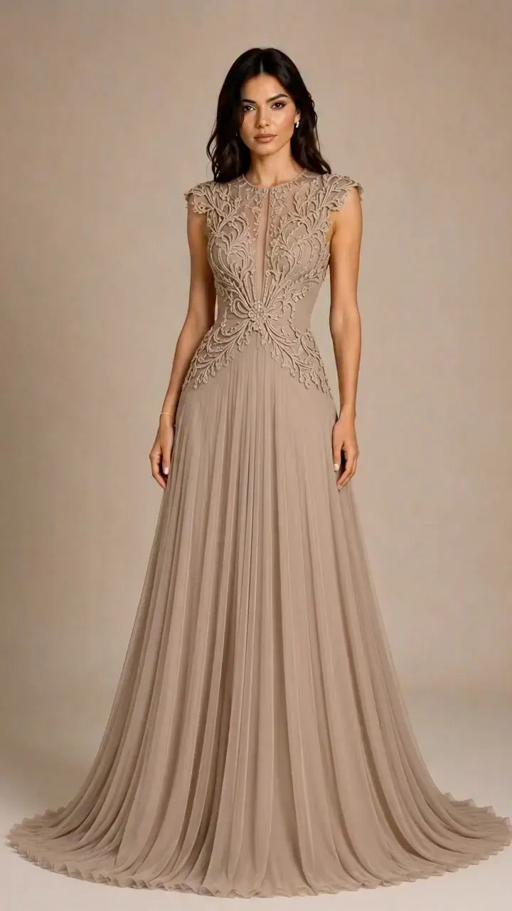 Taupe Cap‐Sleeve Lace Applique Chiffon Formal Gown