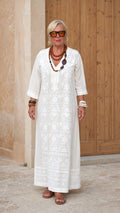 Embroidered V-Neck Kaftan Maxi Dress with 3/4 Sleeves