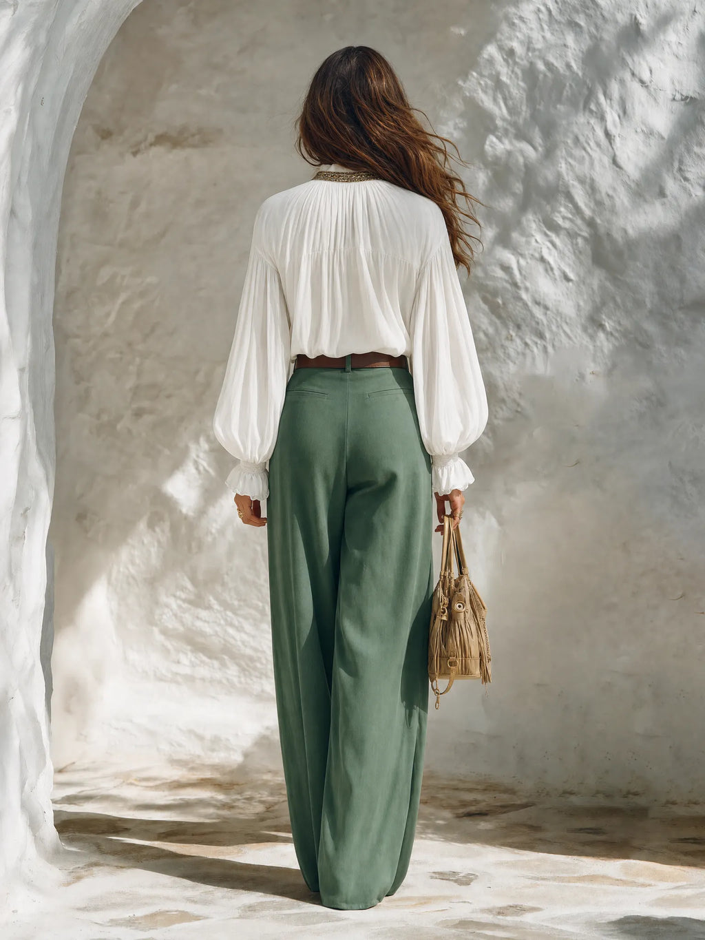 Resort-style V-neck Lantern-sleeve Top And Trousers Set