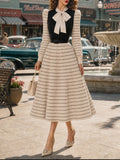 Vintage Cream Striped Bow-Tie Belted Knit Dress