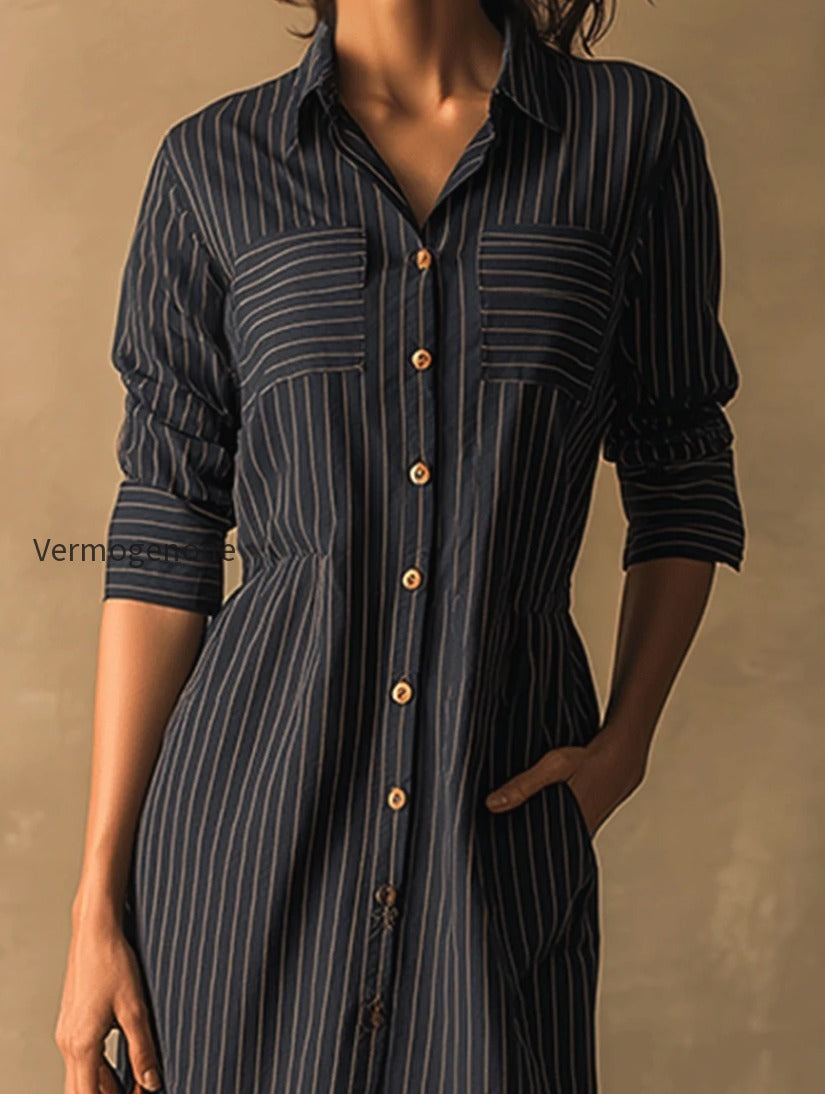 classic-lapel-button-fit-striped-midi-dress