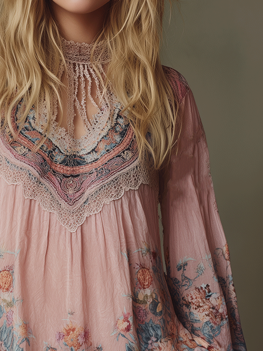 Boho Blush Pink Floral Lace Peasant Blouse