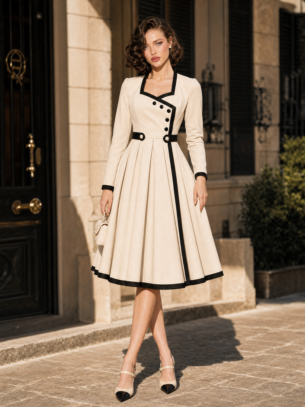 Vintage 1950s Cream Contrast Black Trim Asymmetric Button Long Sleeve Swing Midi Dress