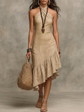 Elegant Halter-neck Ruffled Hem Cotton-linen Midi Dress
