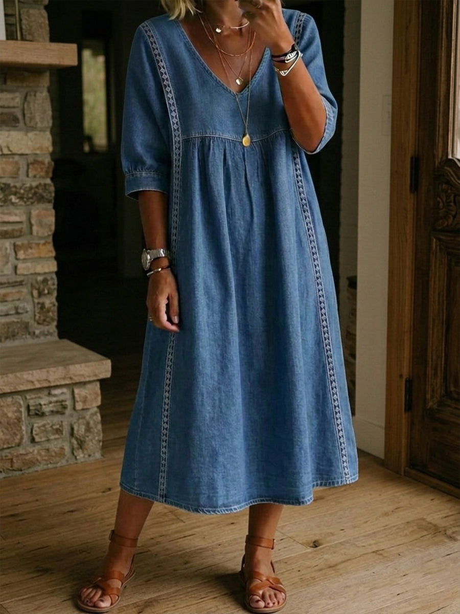 Women’s Lace Trim Denim Dress – Casual Loose Fit Vintage Denim Dress