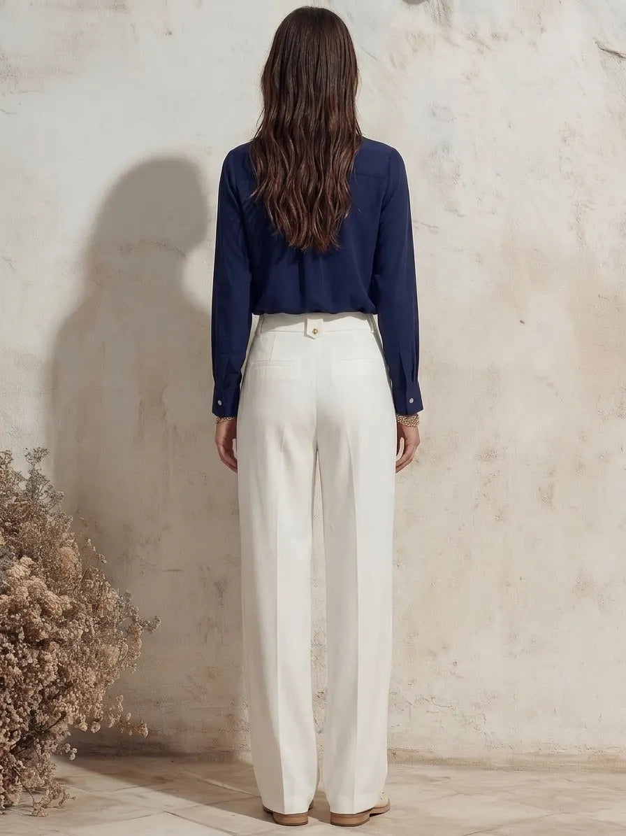 Nautical Riviera Off White High Waisted Pleated Wide Leg Trousers