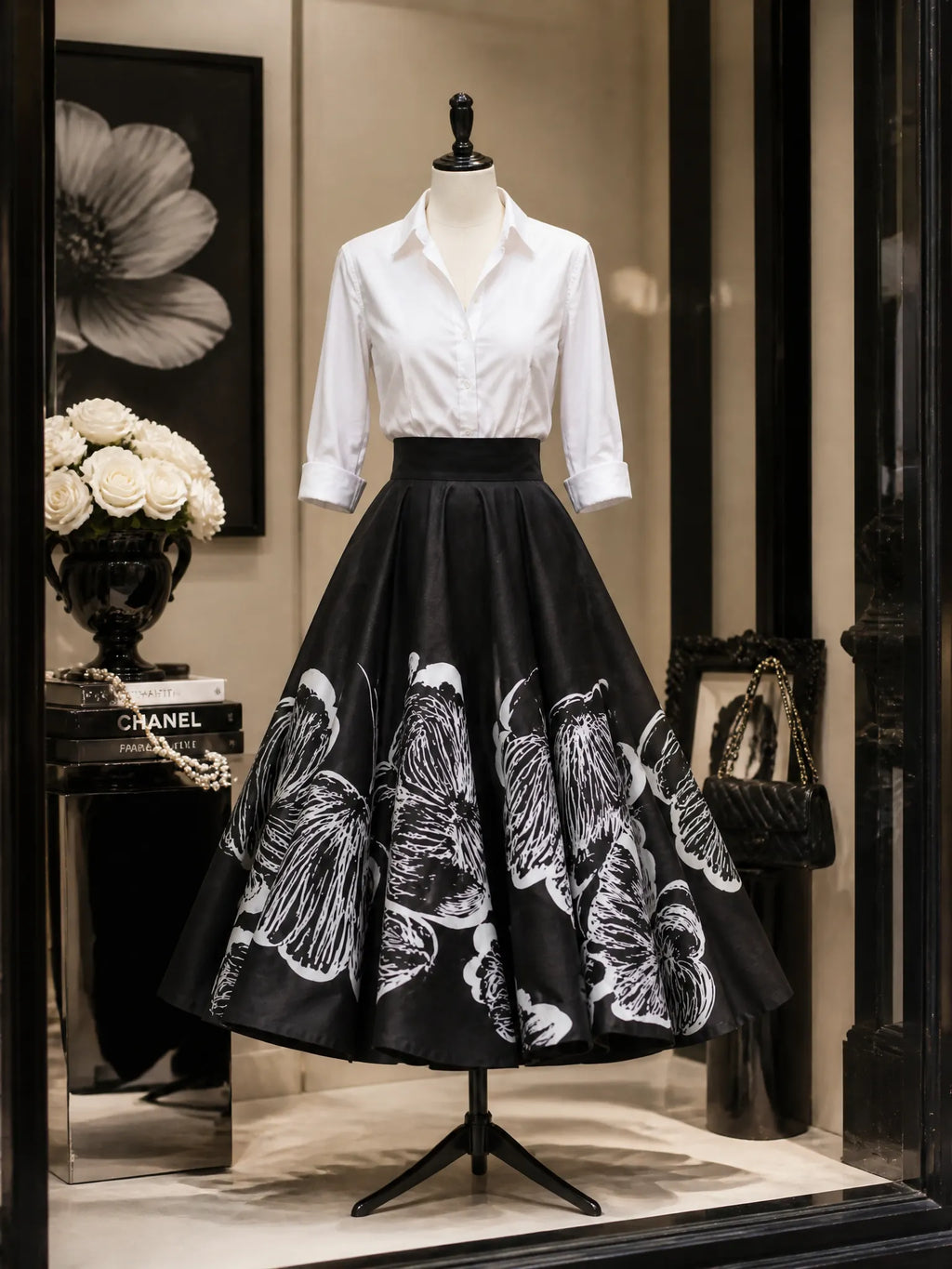 Retro Elegant Black Watercolor-Floral Print Maxi Skirt