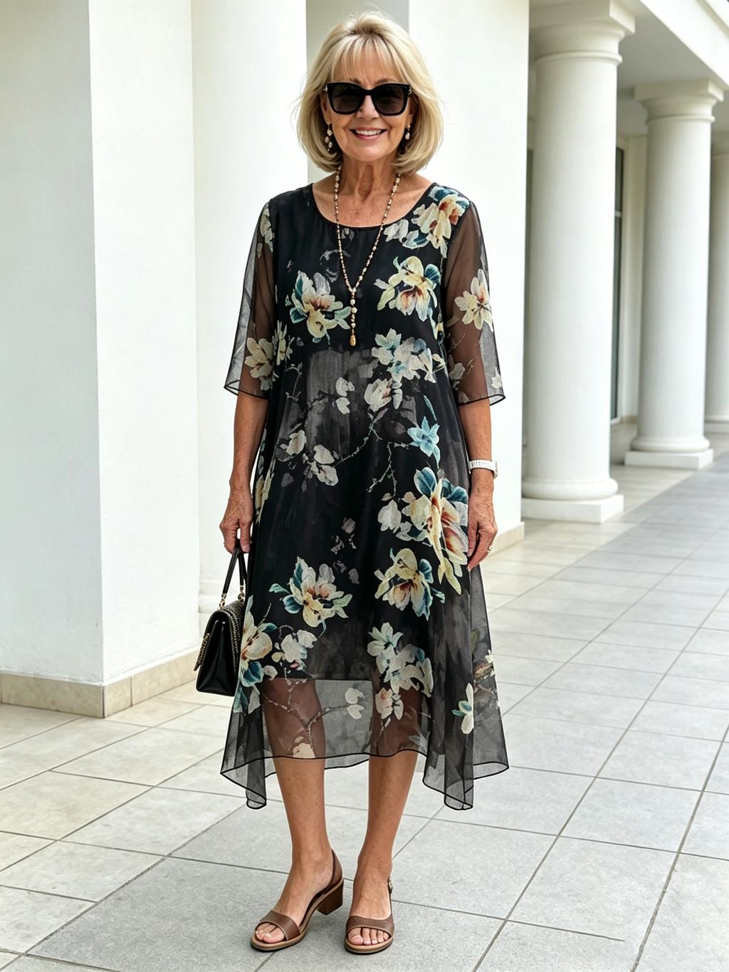 Black Floral Chiffon Midi Dress, Loose Tummy Hiding 3/4 Sleeve Printed Dress for Mature Women