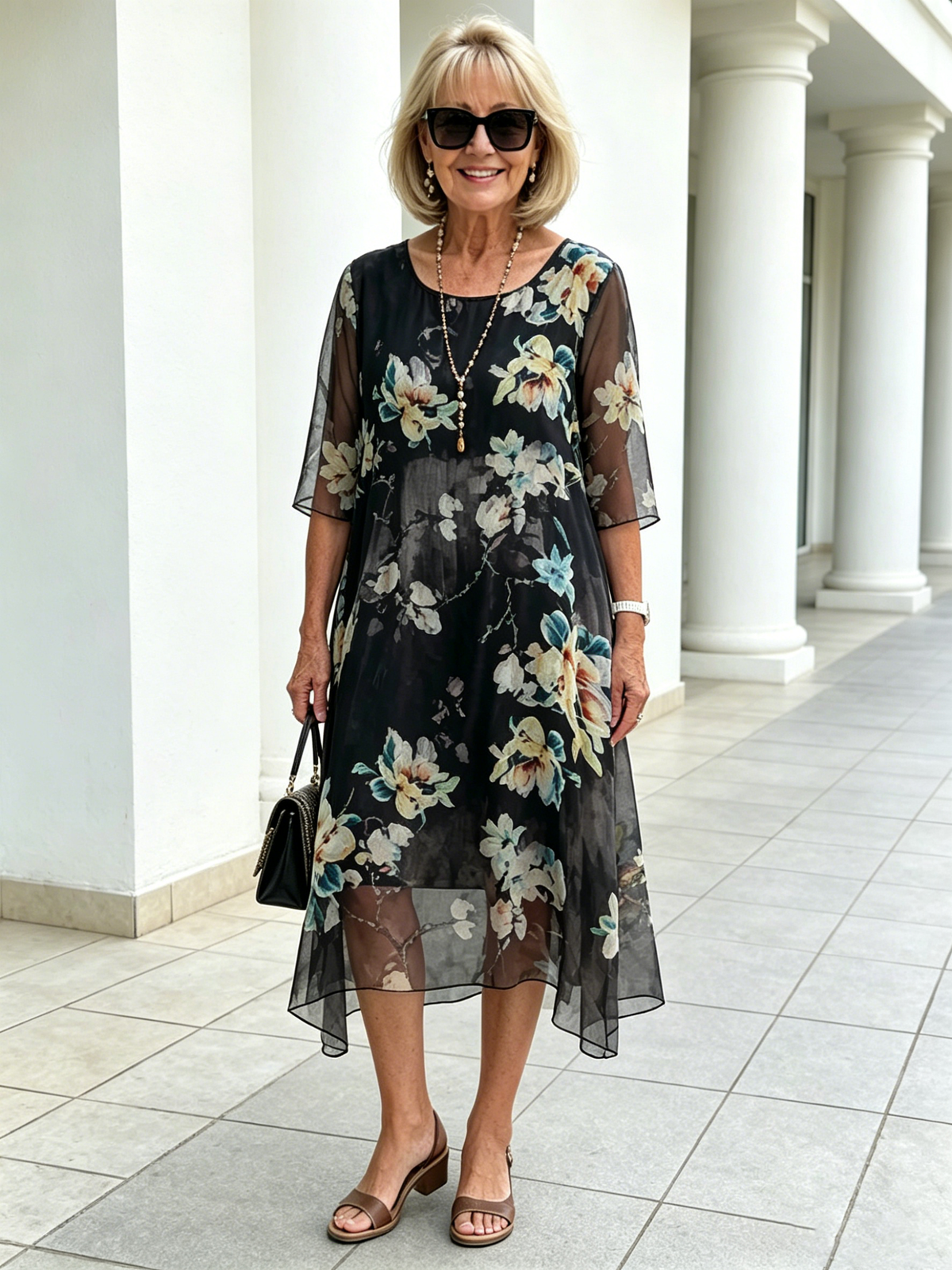 Black Floral Chiffon Midi Dress, Loose Tummy Hiding 3/4 Sleeve Printed Dress for Mature Women