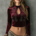Velvet High Neck Crop Top With Cut-Out Design And Embroidered Swirls
