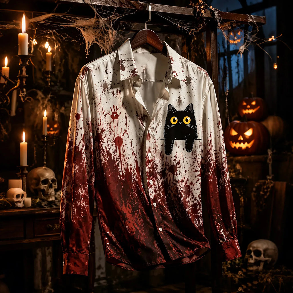 Retro Halloween Cat Art Pattern Casual Long-sleeve Shirt