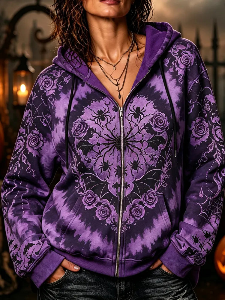 Women's Zip-up Hoodie Featuring Spiders, Roses, And Bat Motif