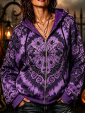 Women's Zip-up Hoodie Featuring Spiders, Roses, And Bat Motif