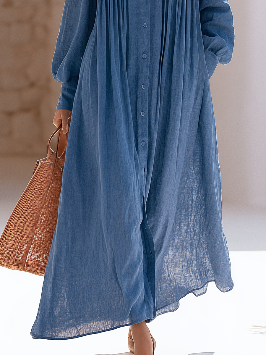 Old Money Style Pleated Blue Cotton Shirt Maxi Dress