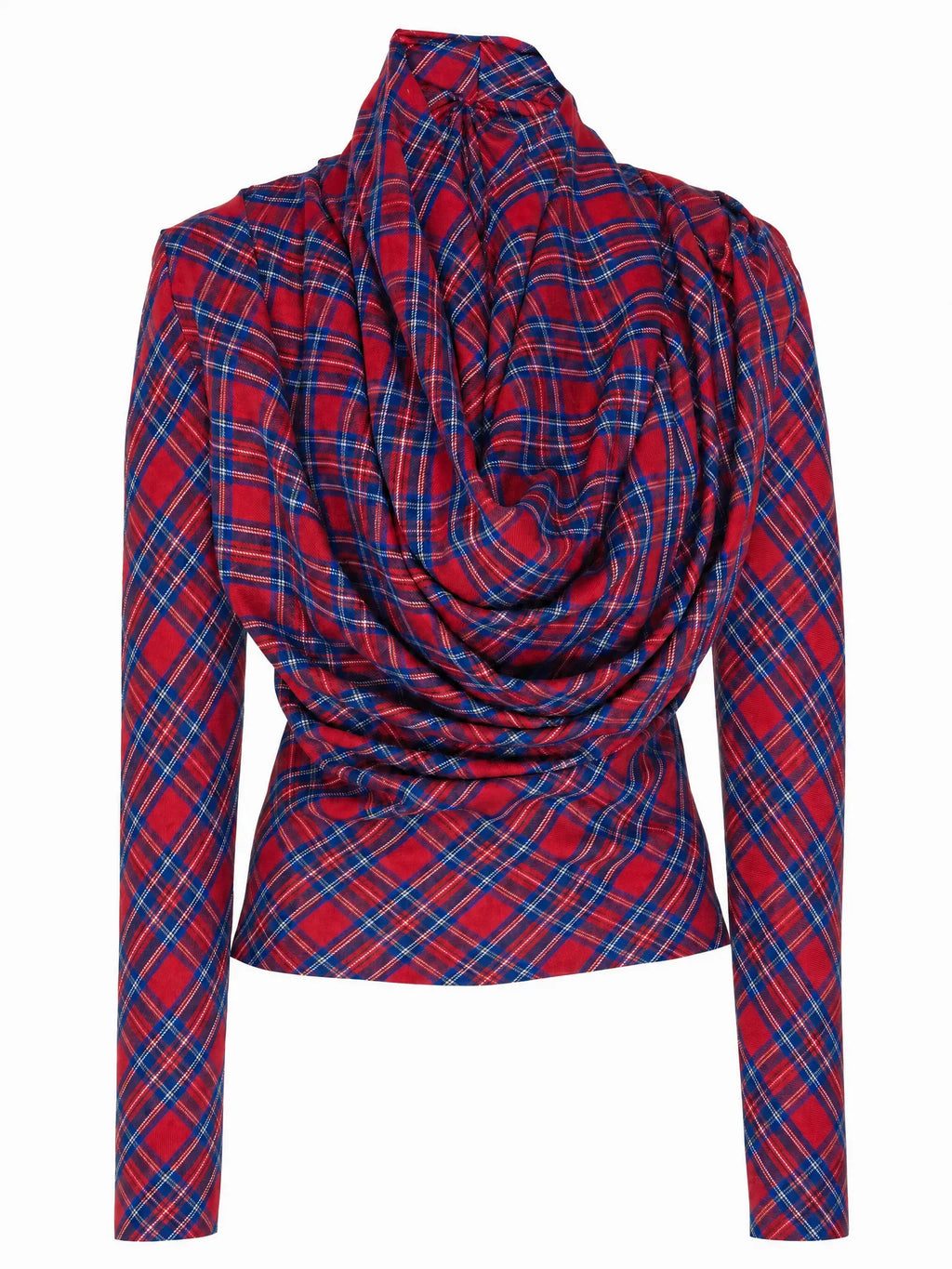 Vintage Red Tartan Plaid Cowl Neck Long Sleeve Ruched Wrap Versatile Top