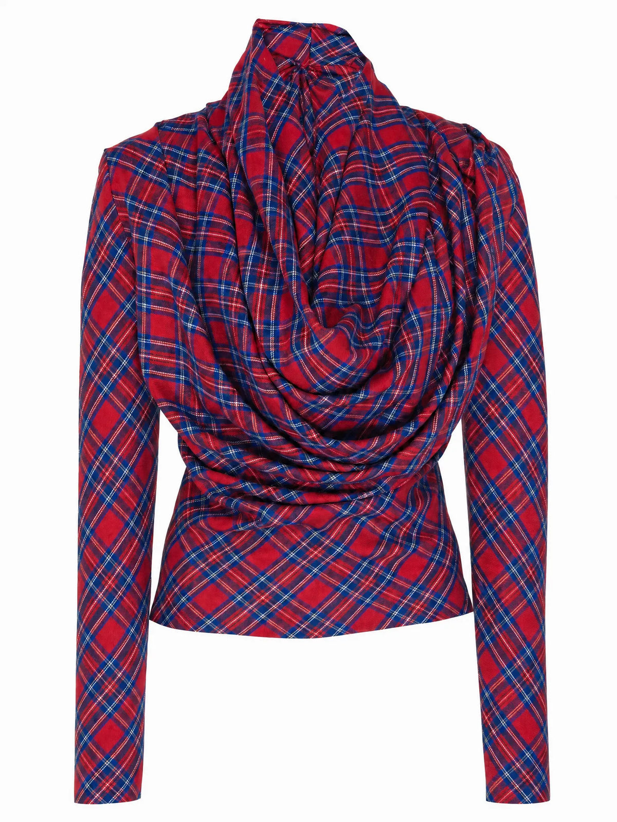 Vintage Red Tartan Plaid Cowl Neck Long Sleeve Ruched Wrap Versatile Top