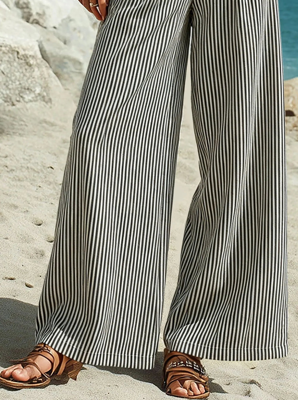 Casual vacation black and white striped wide-leg pants