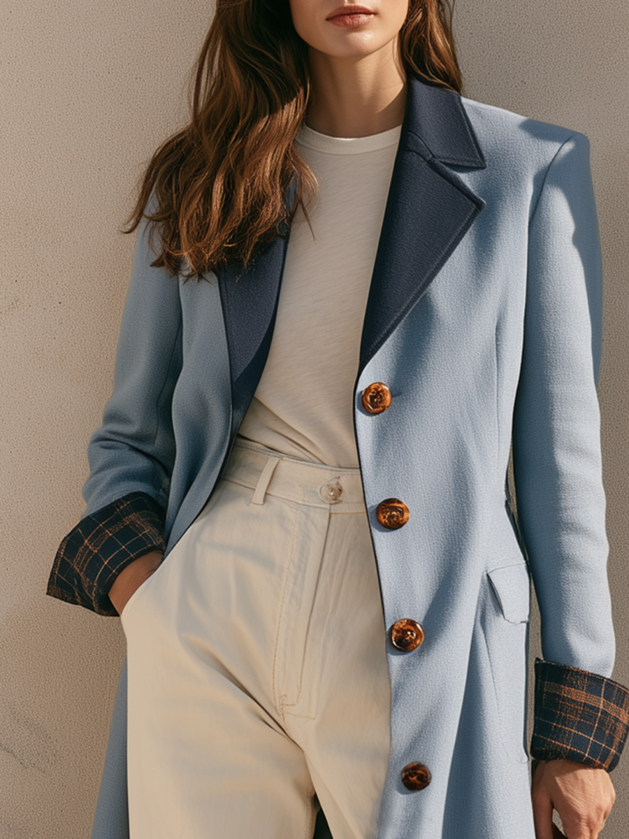 Casual Old Money Color-Block Collar Light Blue Mid-Length Coat