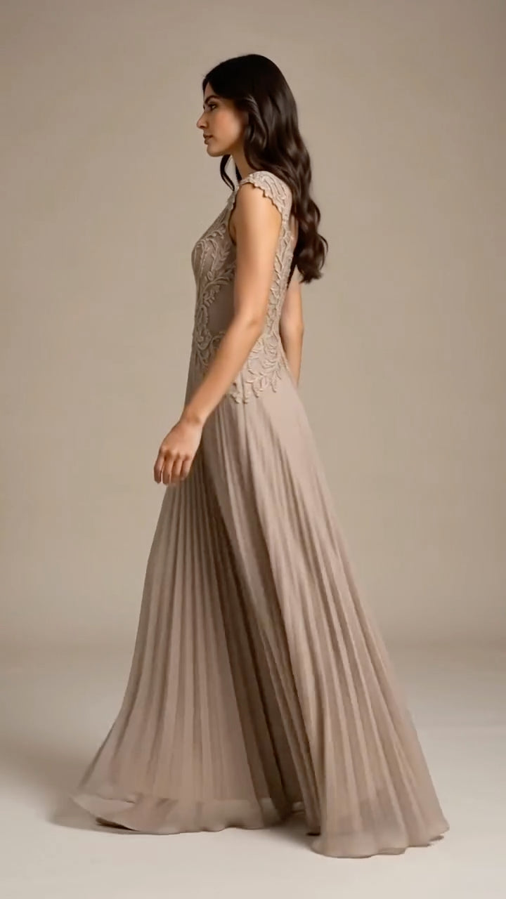 Taupe Cap‐Sleeve Lace Applique Chiffon Formal Gown