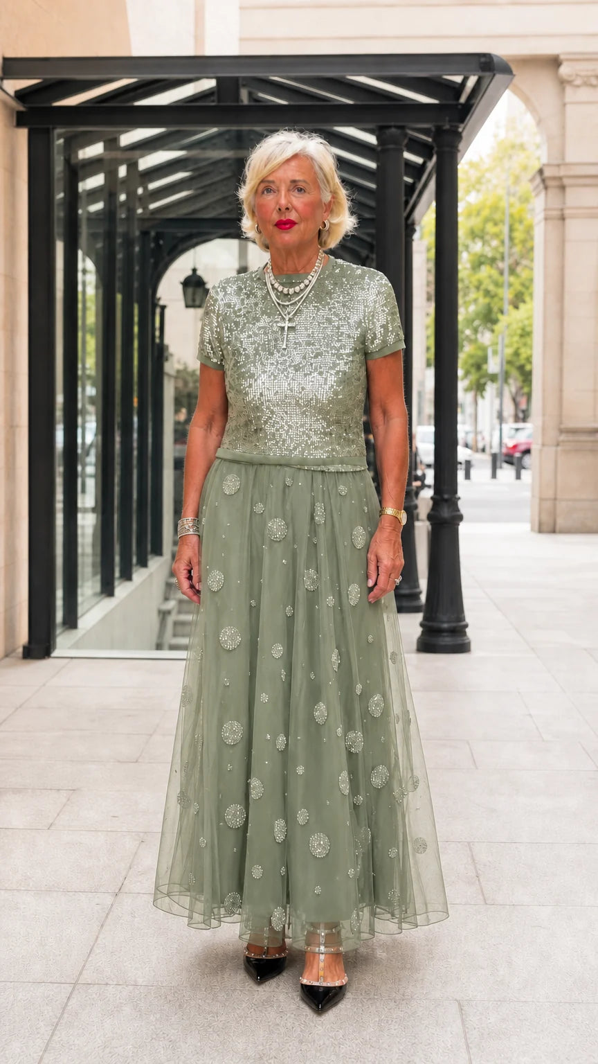 Sequined Short Sleeve Top and Embellished Tulle Maxi Skirt Evening Set