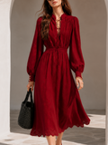 Romantic Wine Red Eyelet Embroidery Lace Up Tie Neck Long Balloon Sleeve Button Cuff Smocked Waist Scalloped Hem Flowy Cotton Midi Dress