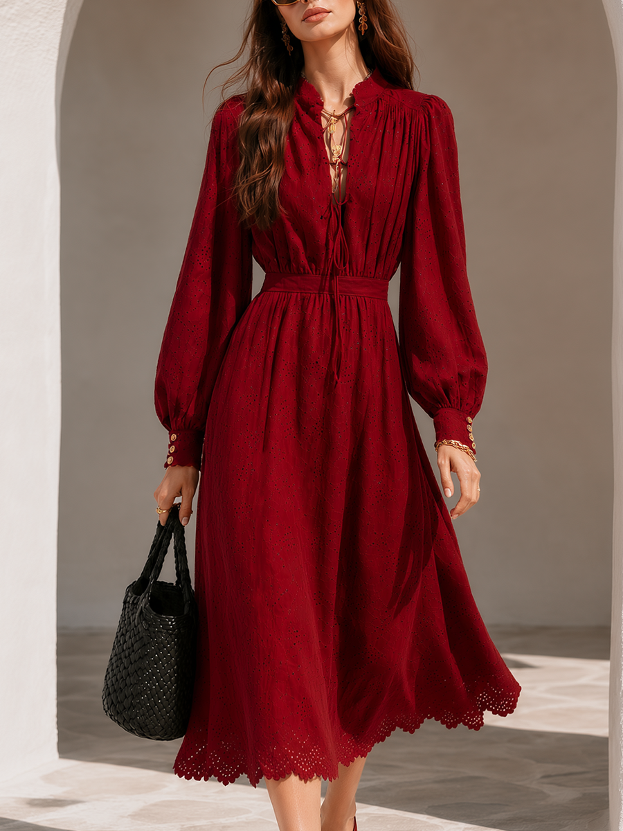 Romantic Wine Red Eyelet Embroidery Lace Up Tie Neck Long Balloon Sleeve Button Cuff Smocked Waist Scalloped Hem Flowy Cotton Midi Dress
