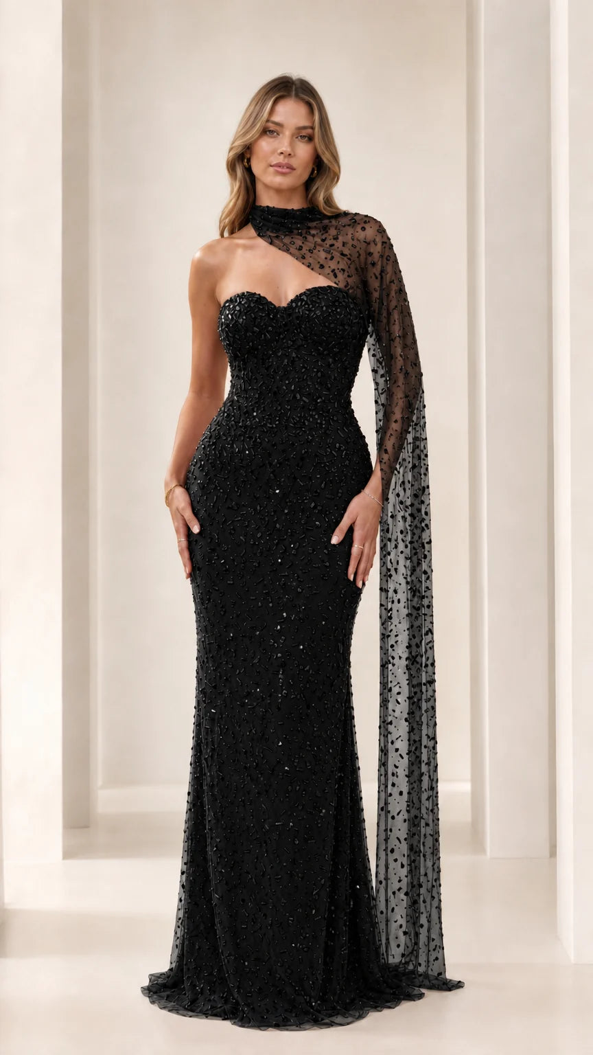 Sequined Beaded Sweetheart Evening Gown with Asymmetric Cape Drape