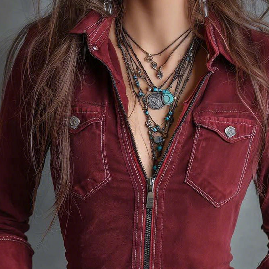 Cotton Denim Zip-Up Shirt For Women Red Long Sleeve Casual Boho Style Top With Pockets And Button Details