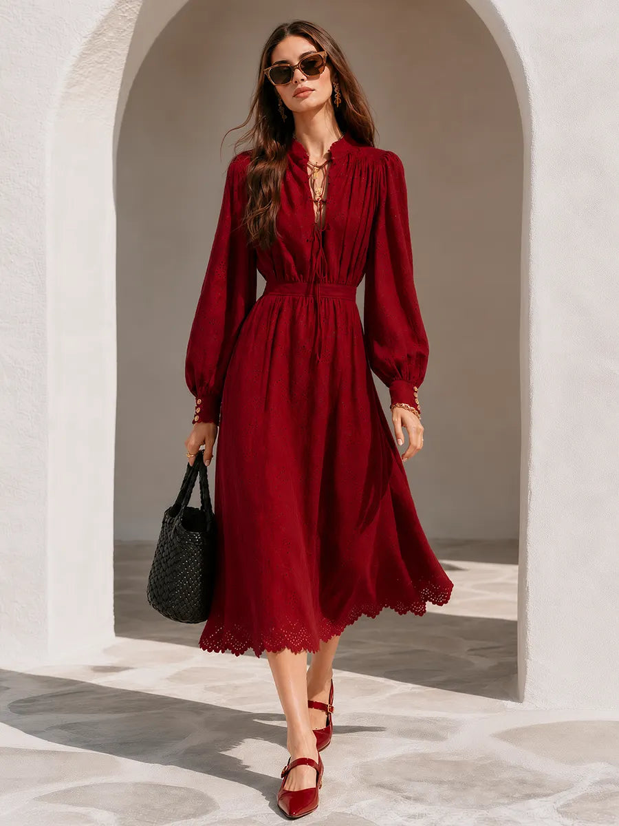 Romantic Wine Red Eyelet Embroidery Lace Up Tie Neck Long Balloon Sleeve Button Cuff Smocked Waist Scalloped Hem Flowy Cotton Midi Dress