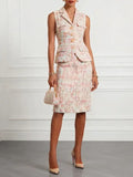 Women Light Pink Tweed Lapel Collar Sleeveless Elegant Coat With Skirt Two-Piece Set