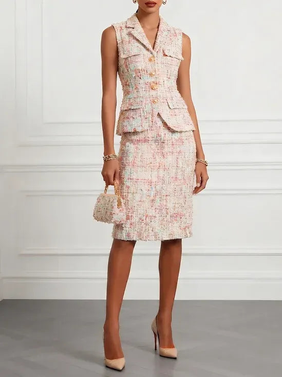 Women Light Pink Tweed Lapel Collar Sleeveless Elegant Coat With Skirt Two-Piece Set