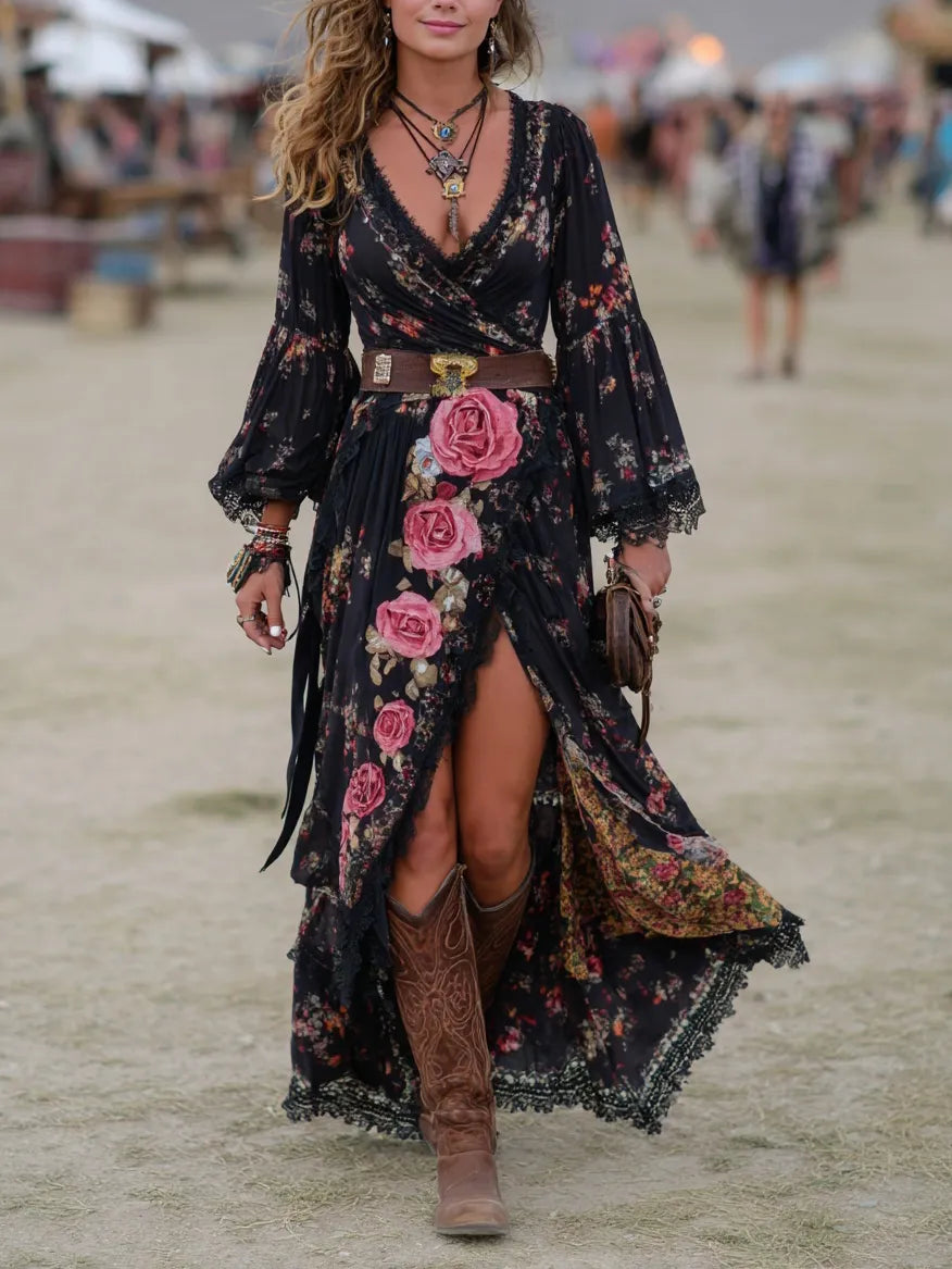 Chiffon Floral Boho Maxi Dress With Deep V-Neck And High Slit For Women